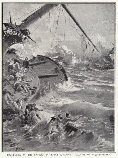 Rojdestvenskyの旗艦である戦艦Kniaz Suvaroffの創設 作： Edouardo Matania